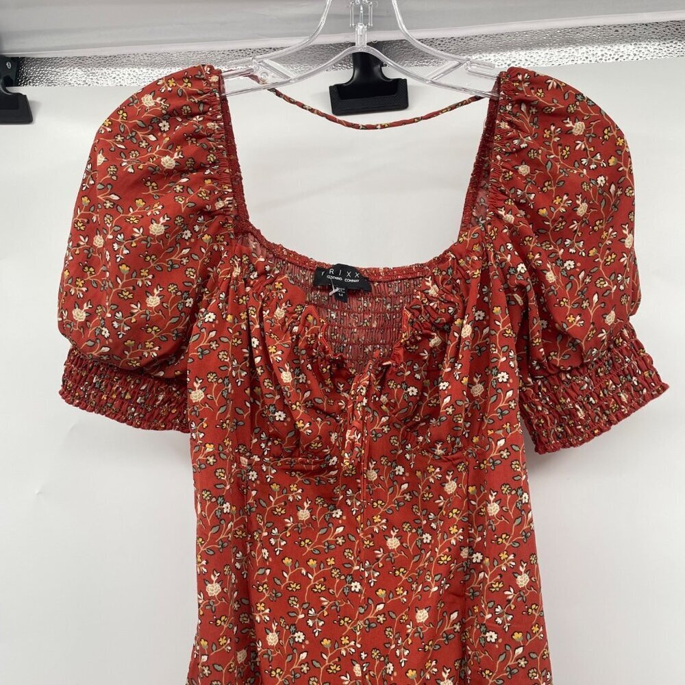 TRIXX Floral Sundress Short Puff Sleeve Burnt Orange/Multi Size Medium - Picture 2 of 9